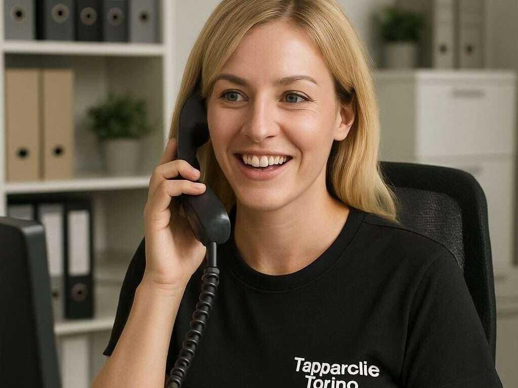Operatrice bionda del servizio clienti "Tapparelle Torino" che sorride mentre è al telefono e digita su una tastiera in un ufficio, con una t-shirt brandizzata.